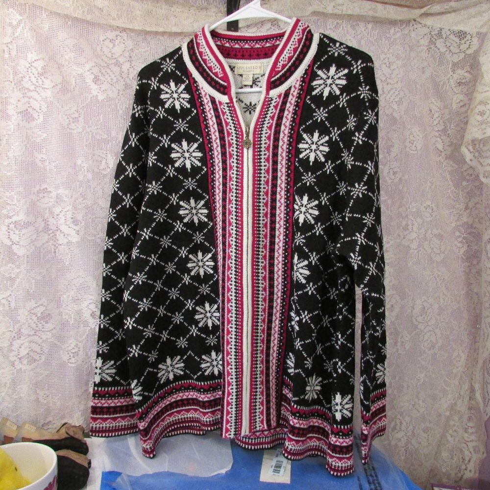 Appleseed's Womens Plus Size 2X Fair Isle Full Zip Cardigan New